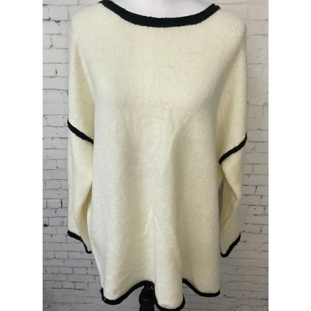 Vine And Love Women L Cream Sweater Black Trim Oversized Comfort Long Sleeve N2 - Picture 6 of 12